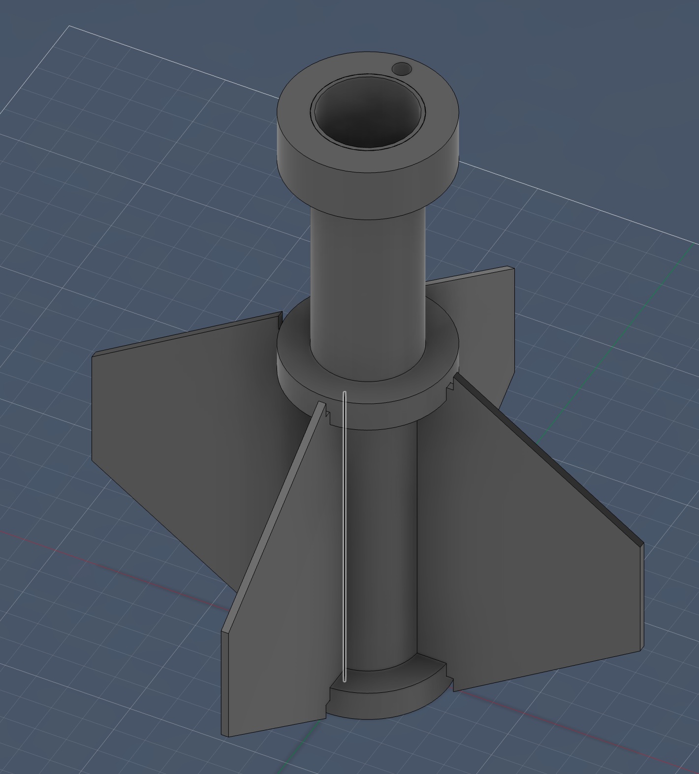 CAD render of the motor mount tube with centering rings and three fins