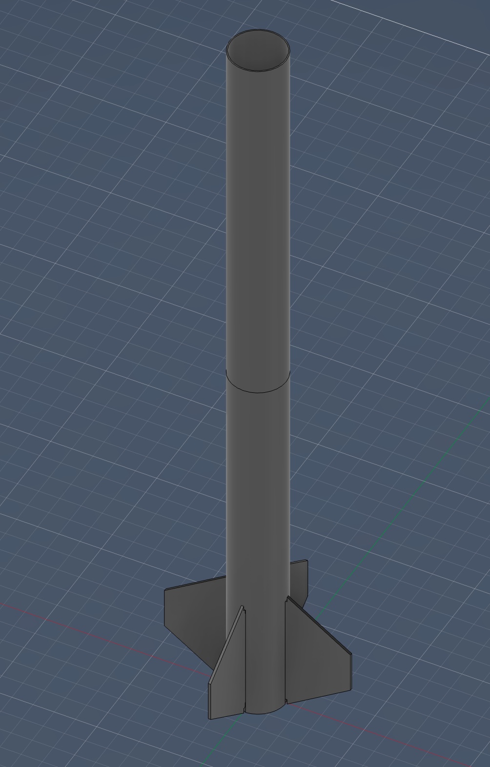 CAD render of the full rocket: a long body tube with three fins at the base