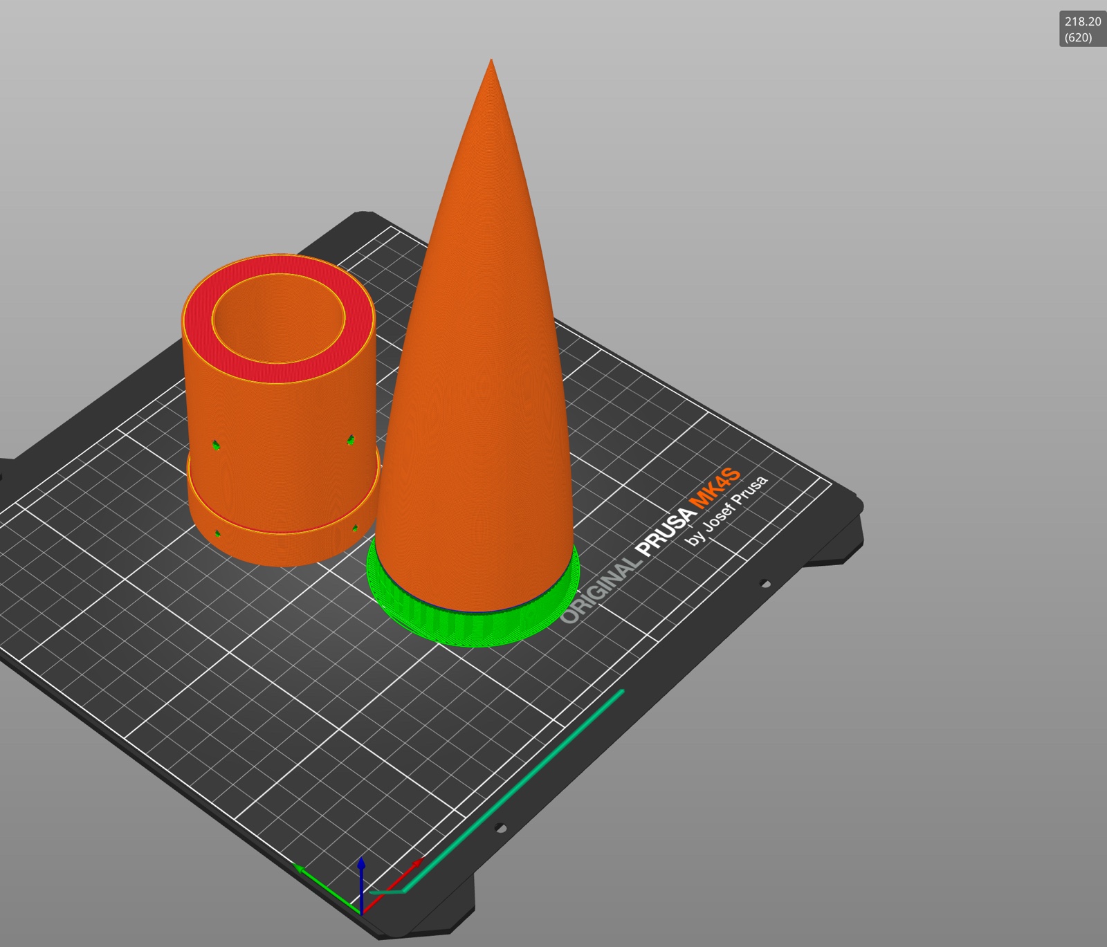 The nose cone and coupler laid out on the Prusa MK4S build plate in the slicer